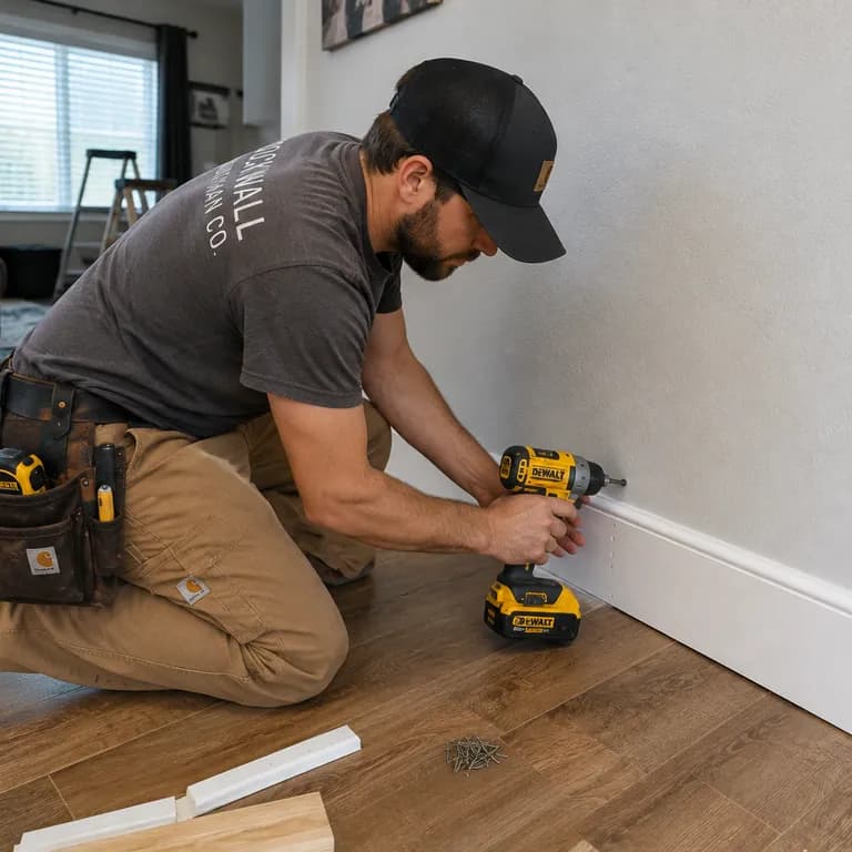 Handyman fastening baseboard along a wall with a cordless impact driver.