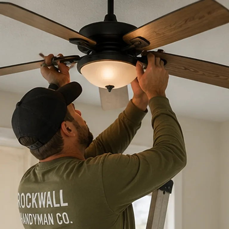 Handyman fitting a blade onto a ceiling fan from a step ladder.