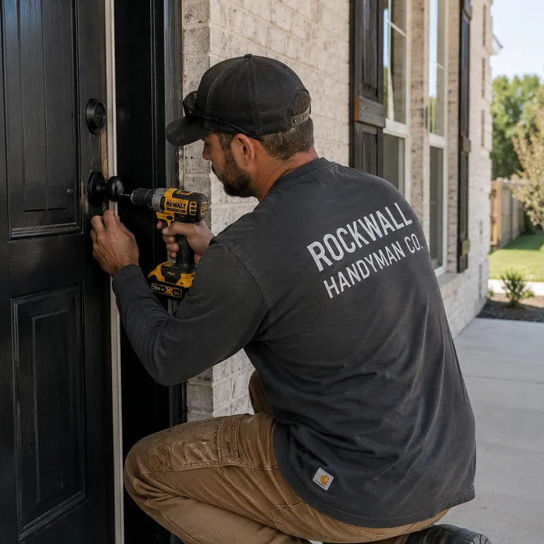 Handyman fitting a deadbolt into a black front door with a cordless drill.
