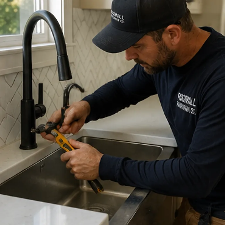 Handyman tightening a new pull-down kitchen faucet at the sink.