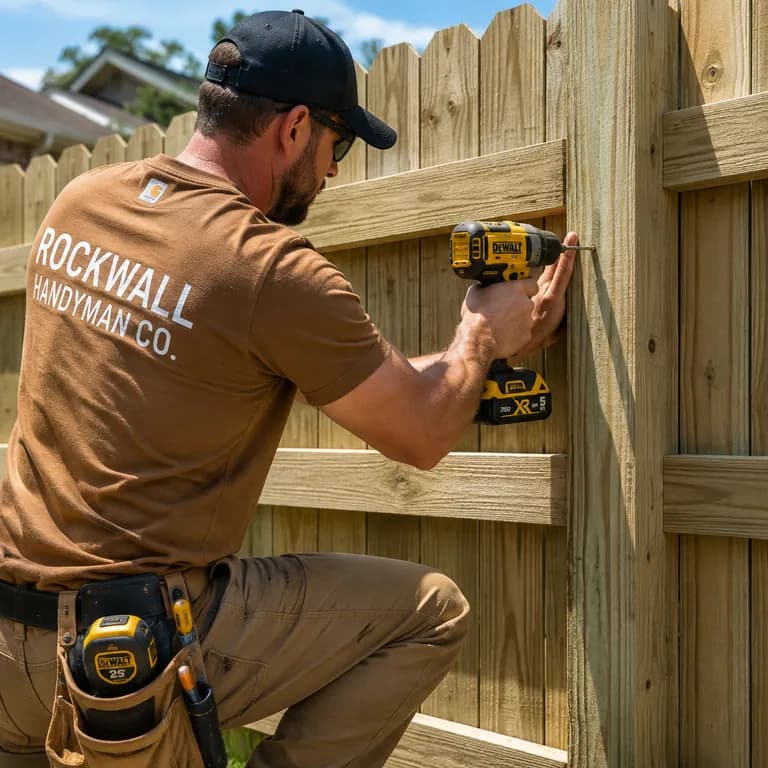 Handyman driving a screw into a cedar fence rail with a cordless drill.