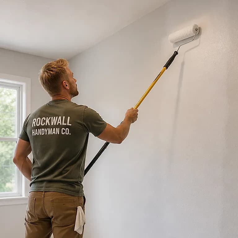 Handyman rolling fresh paint onto a wall with an extension pole.