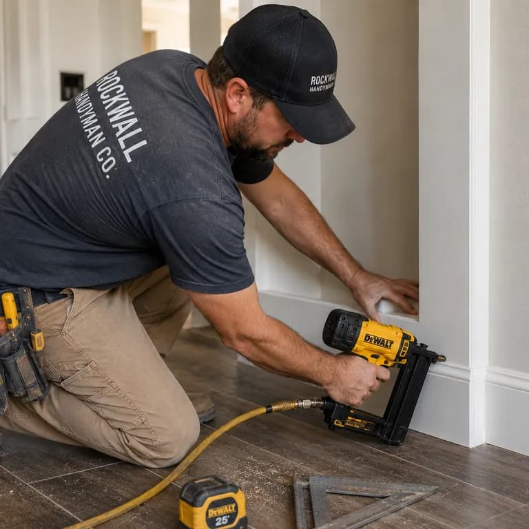 Handyman fastening baseboard to the wall with a finish nailer.
