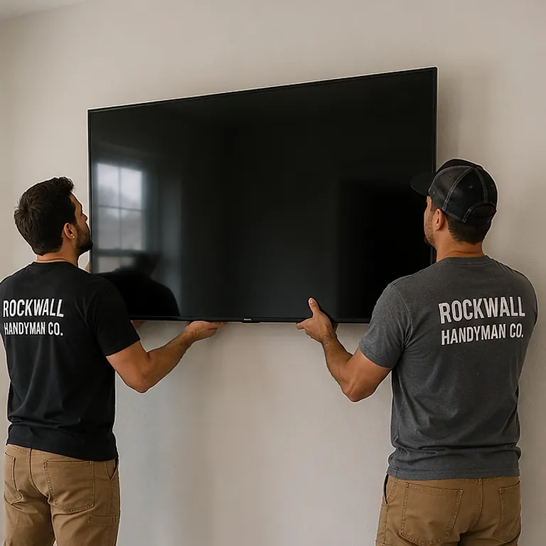 Two handymen lifting a large flat-screen TV onto a wall mount.