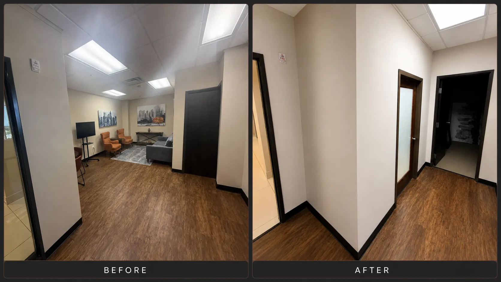 Before and after photos showing a new partition wall added to convert an open office space into a defined hallway.
