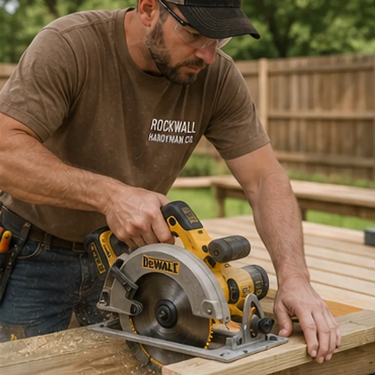 Handyman cutting a deck board to length with a circular saw.