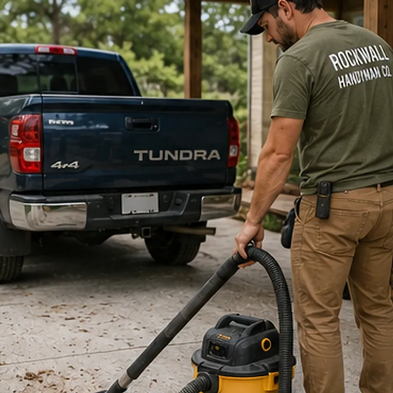 Handyman vacuuming up jobsite dust with a shop vac beside a pickup truck.
